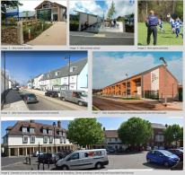 Image 3 : New health facilities Image 4 : New primary school Image 5 : New sports provision Image 6 : New main street and connected street network Image 7 : New employment space integrated positively into the townscape Image 8 :Example of a Local Centre/ Image 3 : New health facilities Image 4 : New primary school Image 5 : New sports provision Image 6 : New main street and connected street network Image 7 : New employment space integrated positively into the townscape Image 8 :Example of a Local Centre/